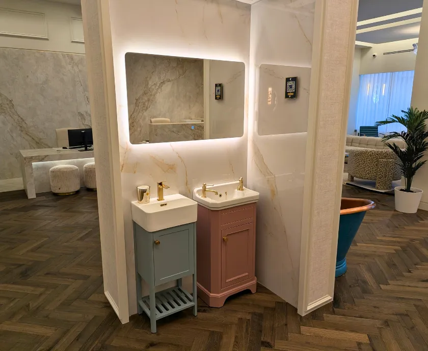 Contrasting Vanities & Warm Brass Details 